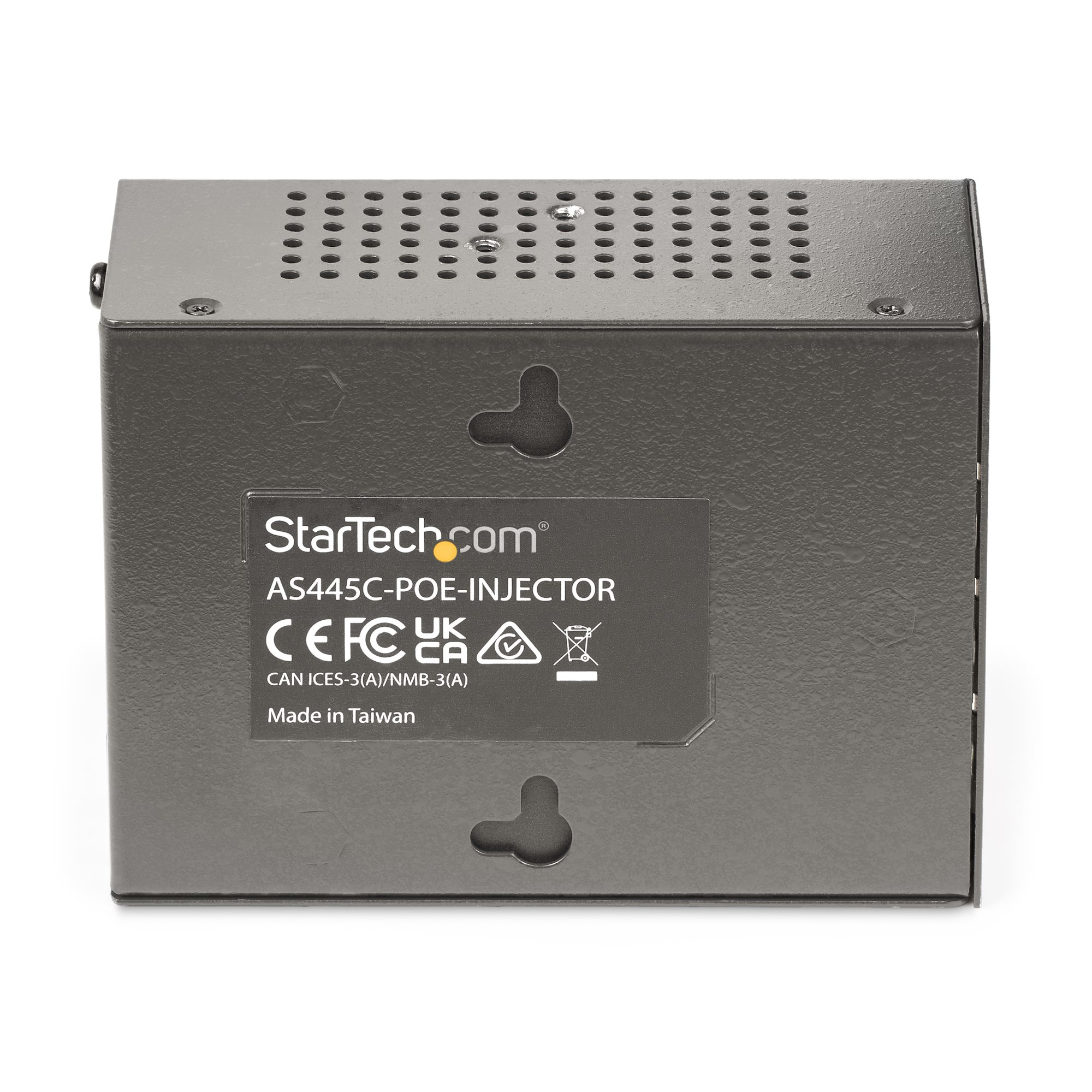 Eine StarTech.com POE-Injektorbox, dunkelgrau, mit Etiketten und Befestigungslöchern auf der Rückseite.