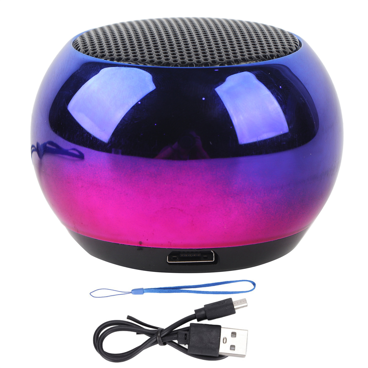 Ein kleiner, runder Lautsprecher mit einem blau-rosa Farbverlauf. Ein Ladekabel ist vorhanden.