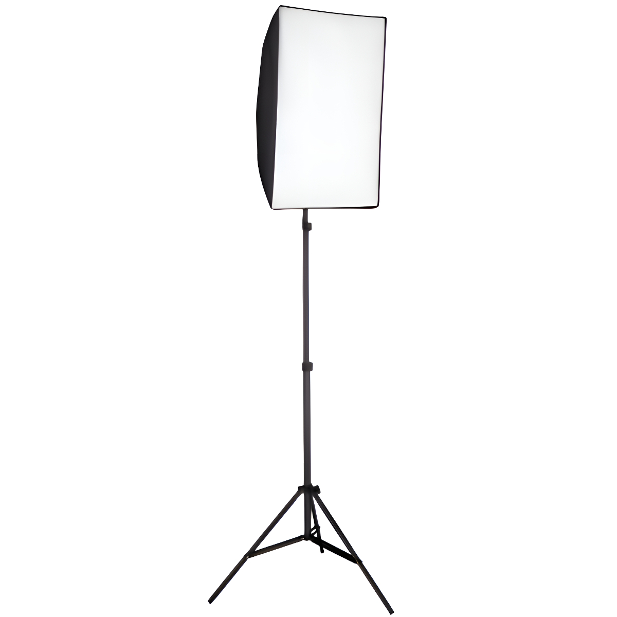 Hohes Studiolicht mit Softbox auf einem Stativ. Weißer Hintergrund.