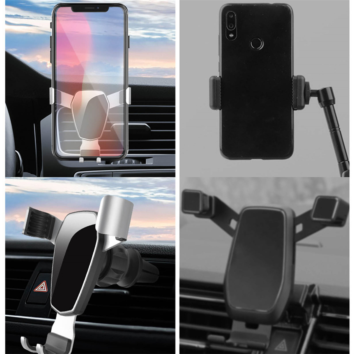 Vier Bilder von Autotelefonhaltern. Verschiedene Designs, Materialien und Befestigungsarten werden gezeigt.