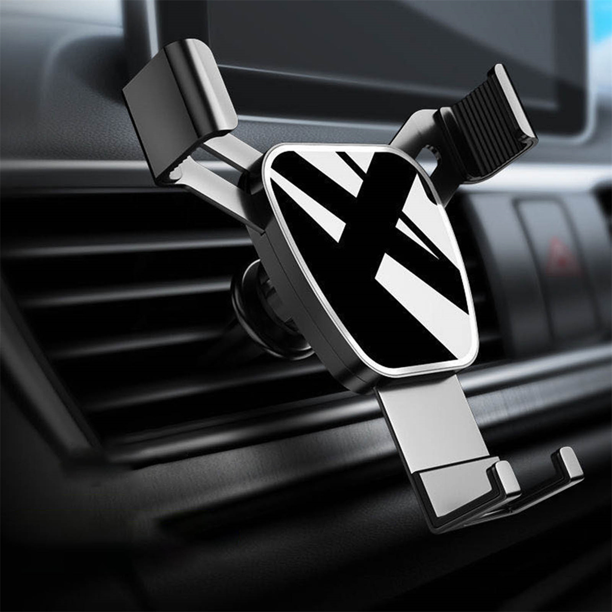 Handyhalterung für das Auto mit schwarz-weißem Design, im Auto montiert.