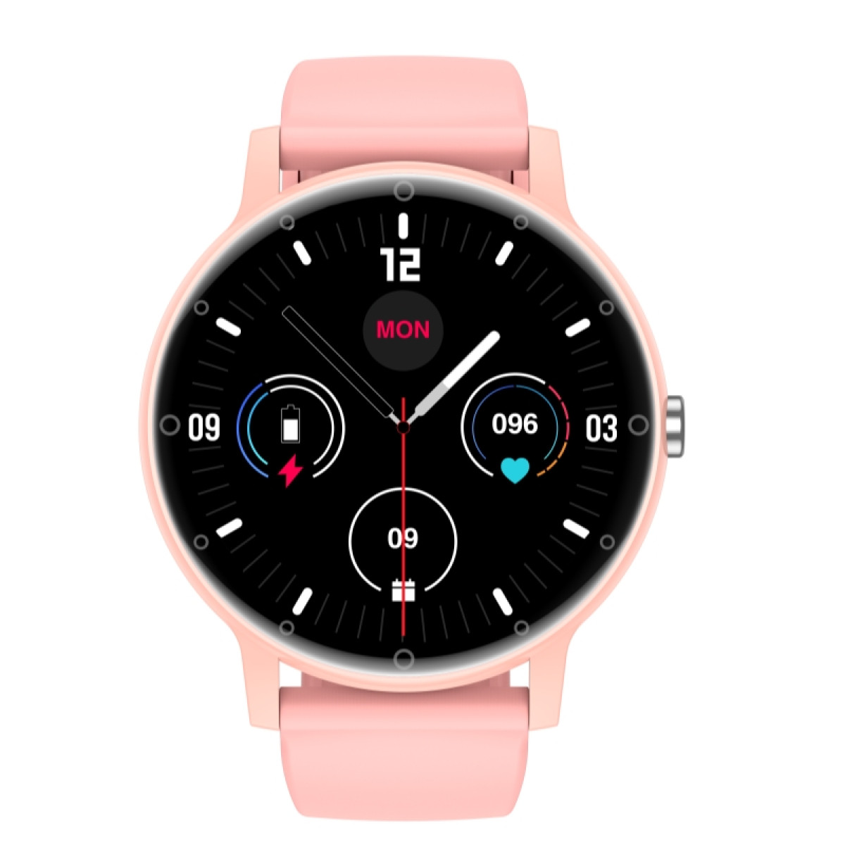 Smartwatch rosa con schermo nero che mostra ora e dati sanitari.