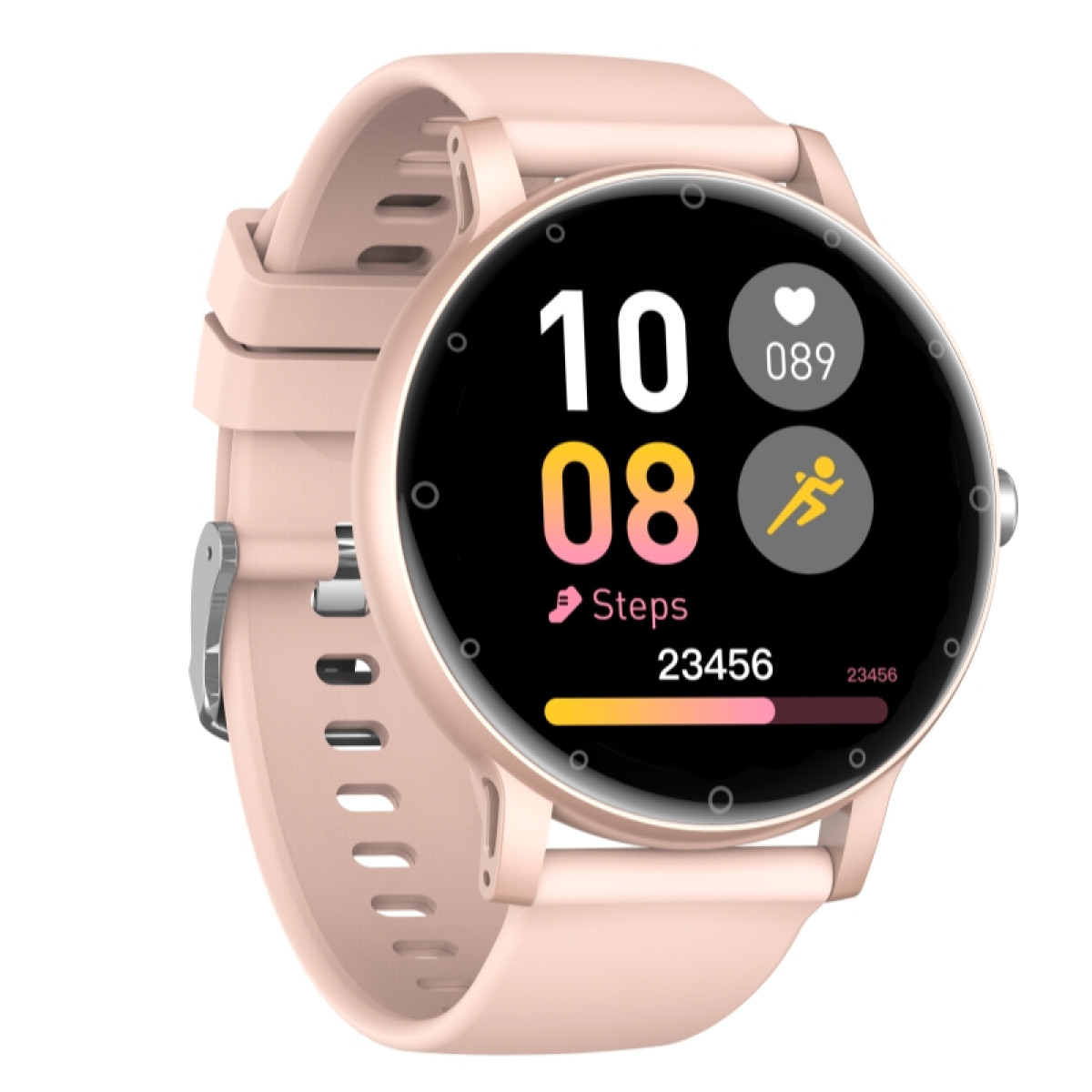 Uno smartwatch rosa che mostra l'ora, i passi e la frequenza cardiaca.