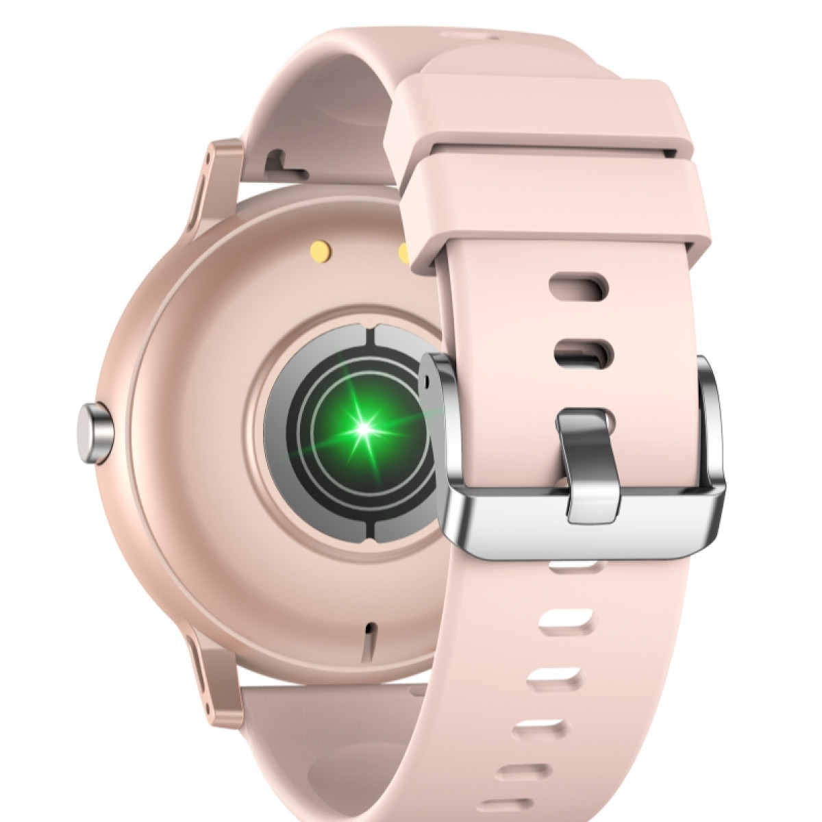 Smartwatch rosa, che mostra il retro con luce verde e cinturino rosa.