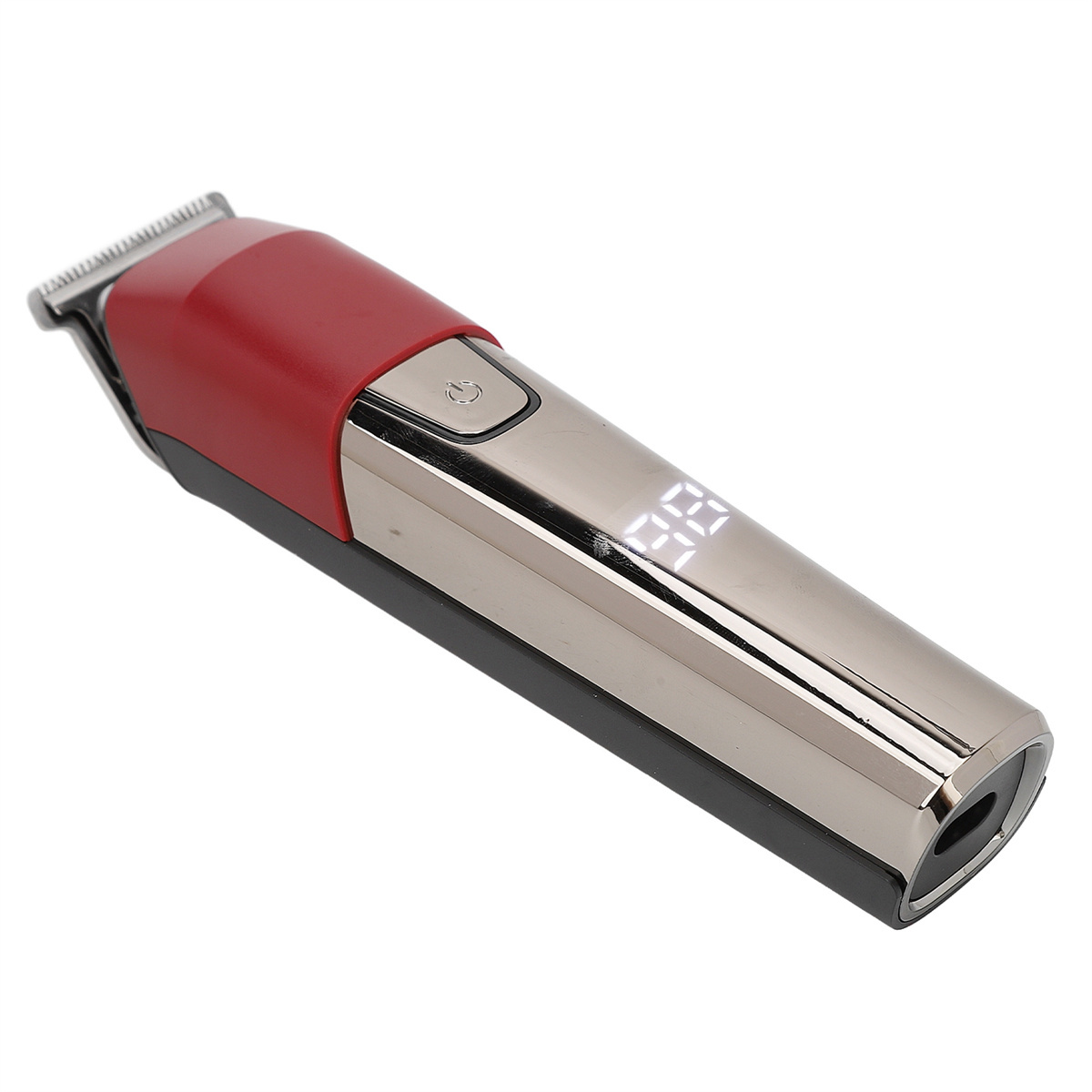 Roter und silberner Haarschneider mit Digitalanzeige. Weißer Hintergrund.