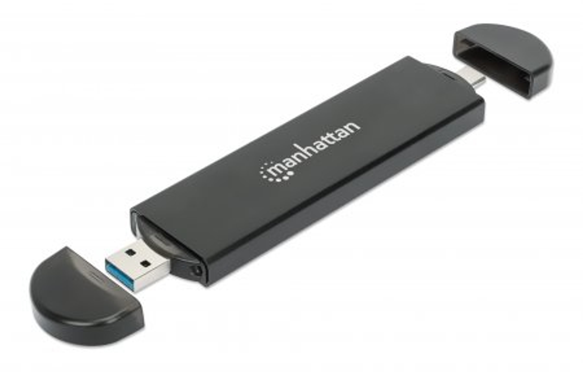 Ein schwarzer Manhattan USB-Stick mit zwei Kappen. Der Stick hat einen USB- und einen USB-C-Anschluss.