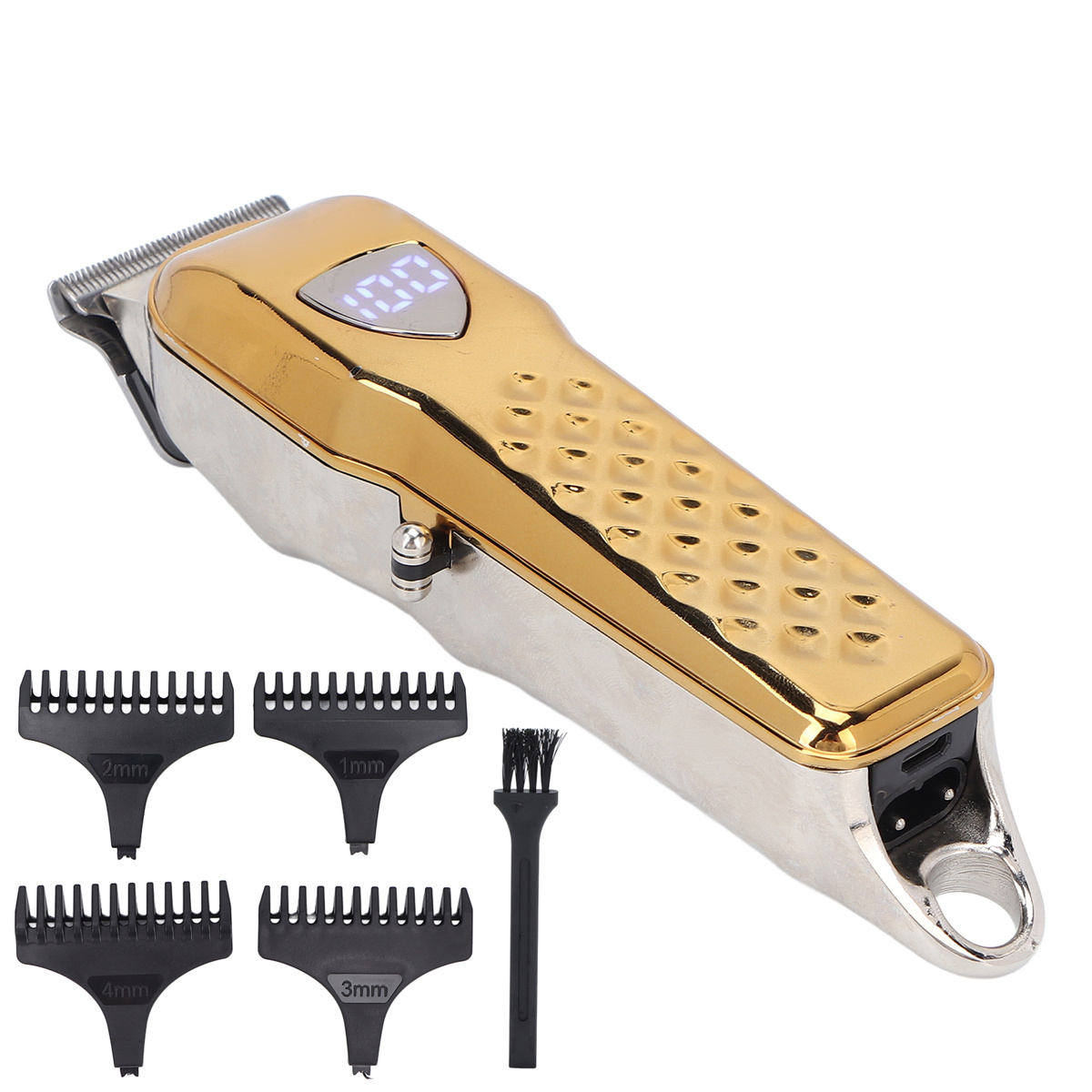 Elektrische Haarschneidemaschine in Gold und Silber mit Aufsätzen und einer Reinigungsbürste.