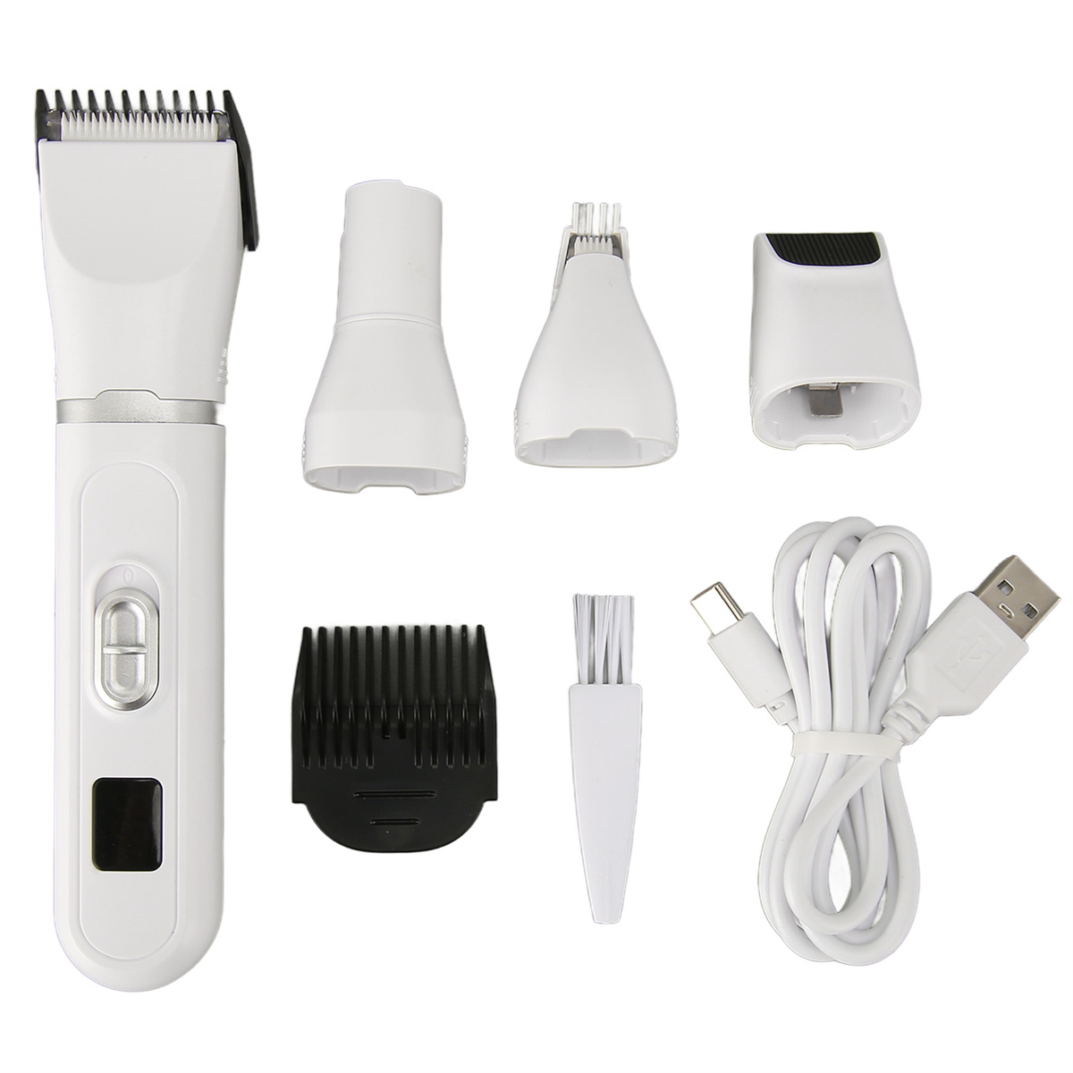 Ein weißer Haarschneider mit Aufsätzen und einem USB-Ladekabel.