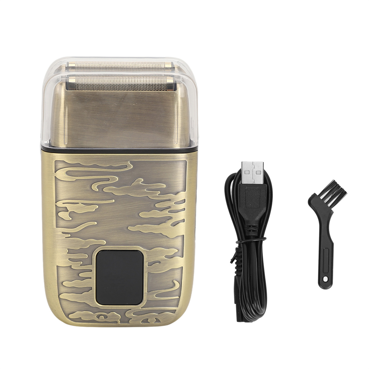 Elektrischer Bronzerasierer mit schwarzem USB-Ladekabel und Reinigungsbürste. Weißer Hintergrund.