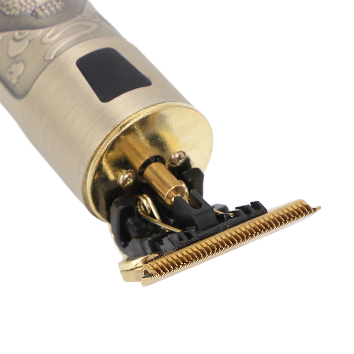 Elektrischer Trimmer mit Gold- und Schwarzdesign, Nahaufnahme der Klingen.