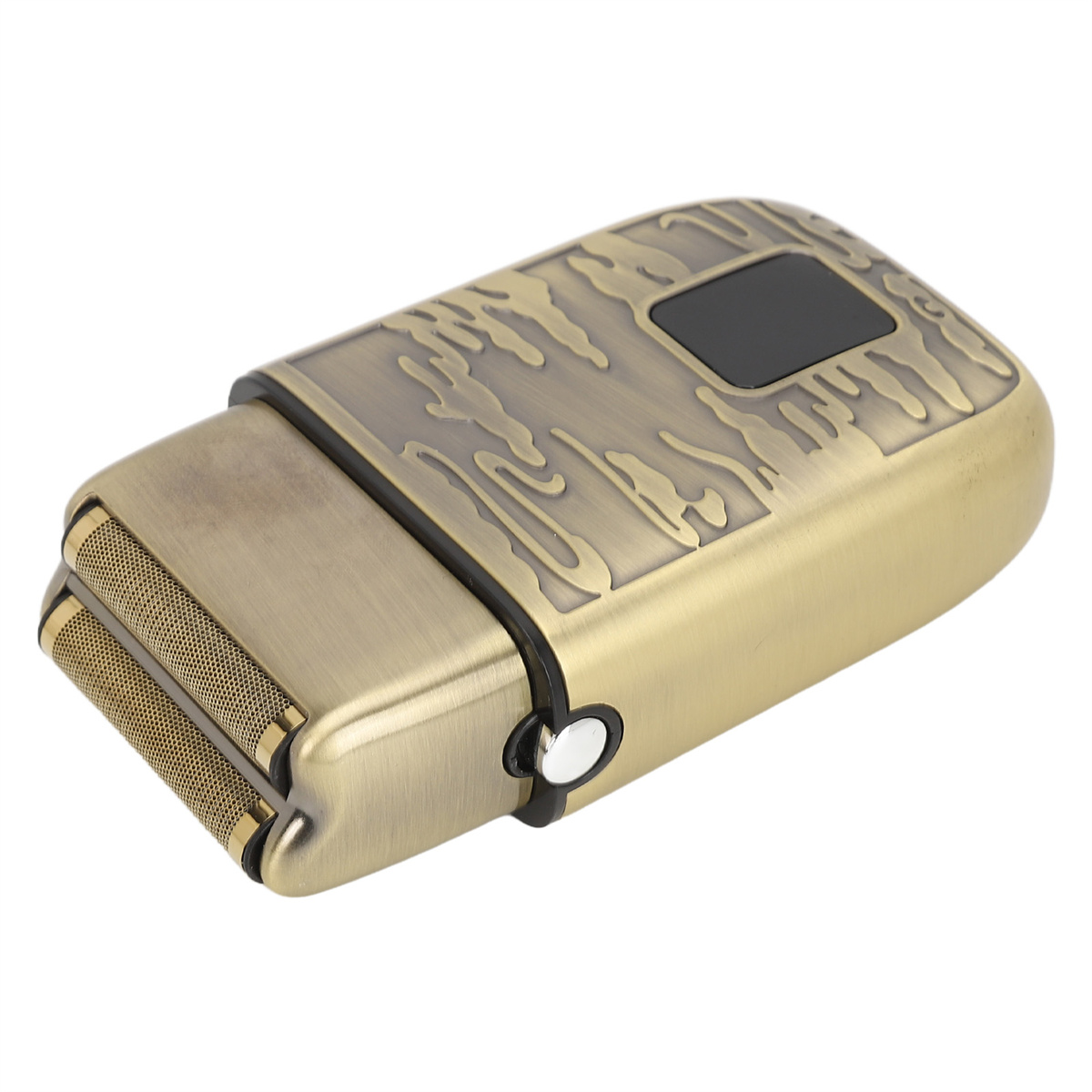Ein goldener Rasierer mit Muster. Er hat zwei Folienköpfe und einen schwarzen Einschaltknopf.