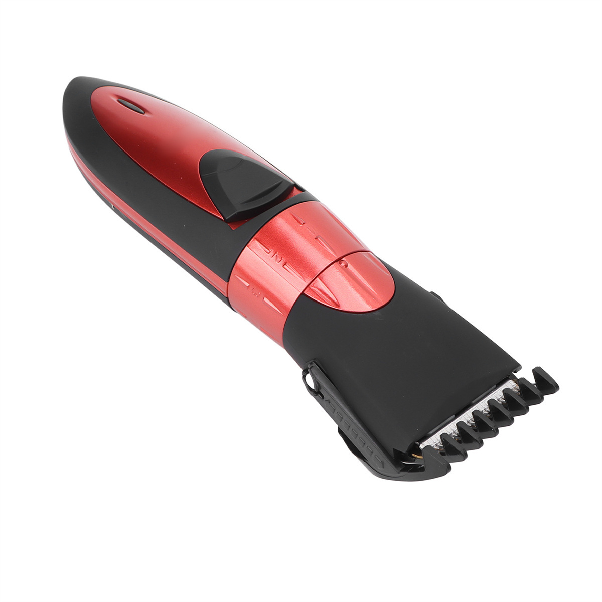 Roter und schwarzer Haarschneider mit schwarzer Klinge und rotem Ein-Aus-Knopf.