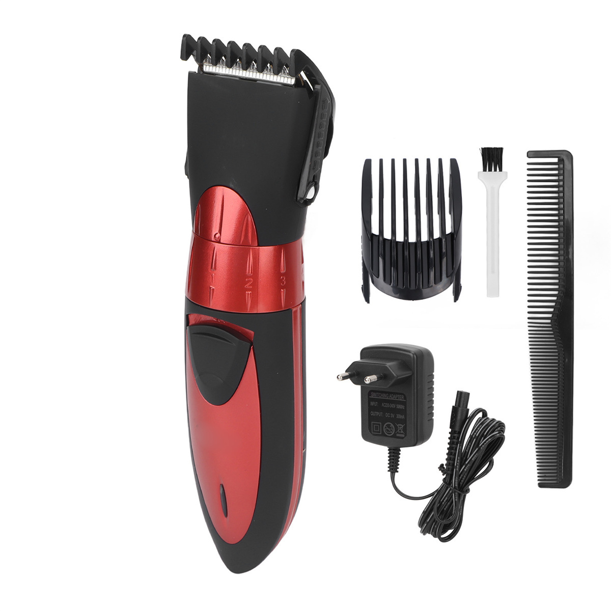 Roter und schwarzer Haarschneider mit Zubehör, darunter Kämme, eine Bürste und ein Ladegerät, auf Weiß.