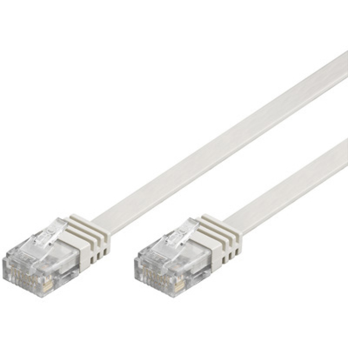 Due cavi Ethernet bianchi piatti con connettori trasparenti su sfondo bianco.