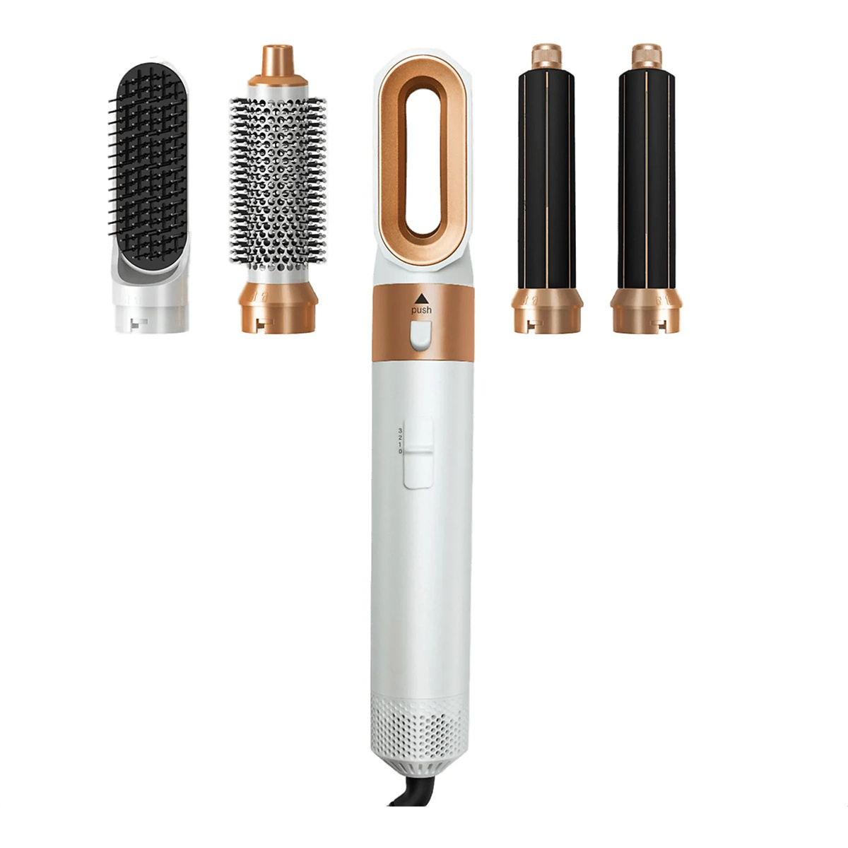 Ein weißes und goldenes Haarstyling-Tool mit mehreren Aufsätzen. Es steht auf weißem Untergrund.