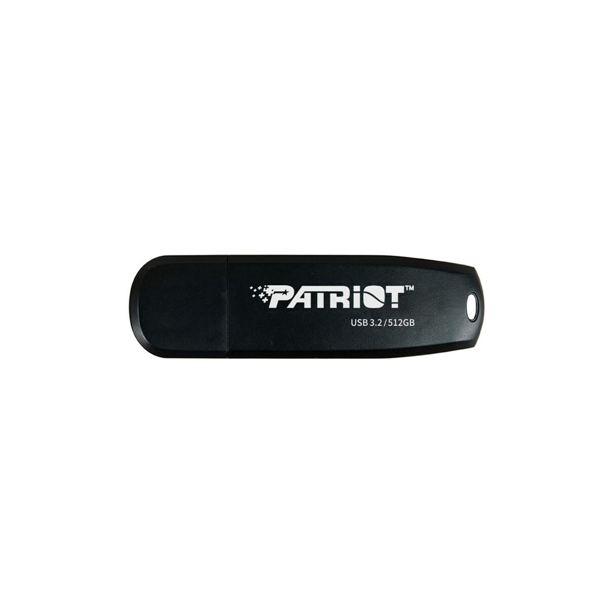 Ein schwarzer Patriot USB-Stick mit dem Markennamen darauf gedruckt.