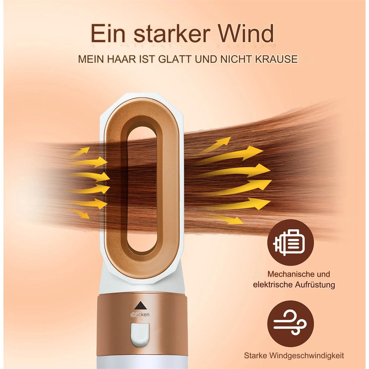 Haartrockner mit Bürstenaufsatz. Bild enthält Text über Haarpflege und Windgeschwindigkeit.