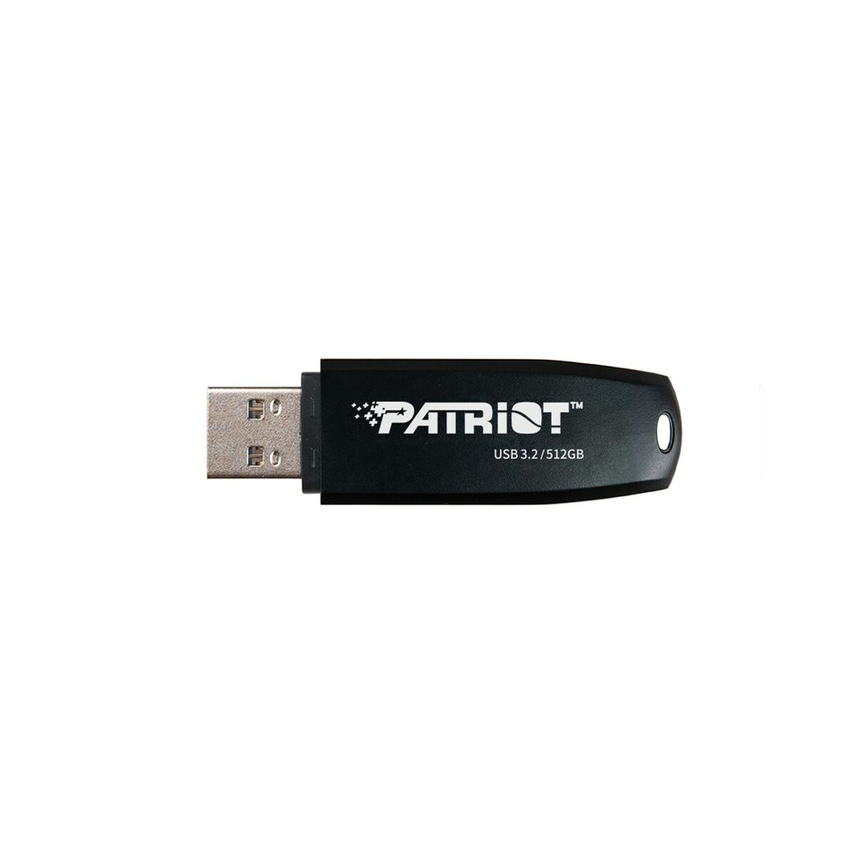Ein schwarzer USB-Stick mit dem Patriot-Logo und Text. Der Stick hat ein Schlüsselringloch.