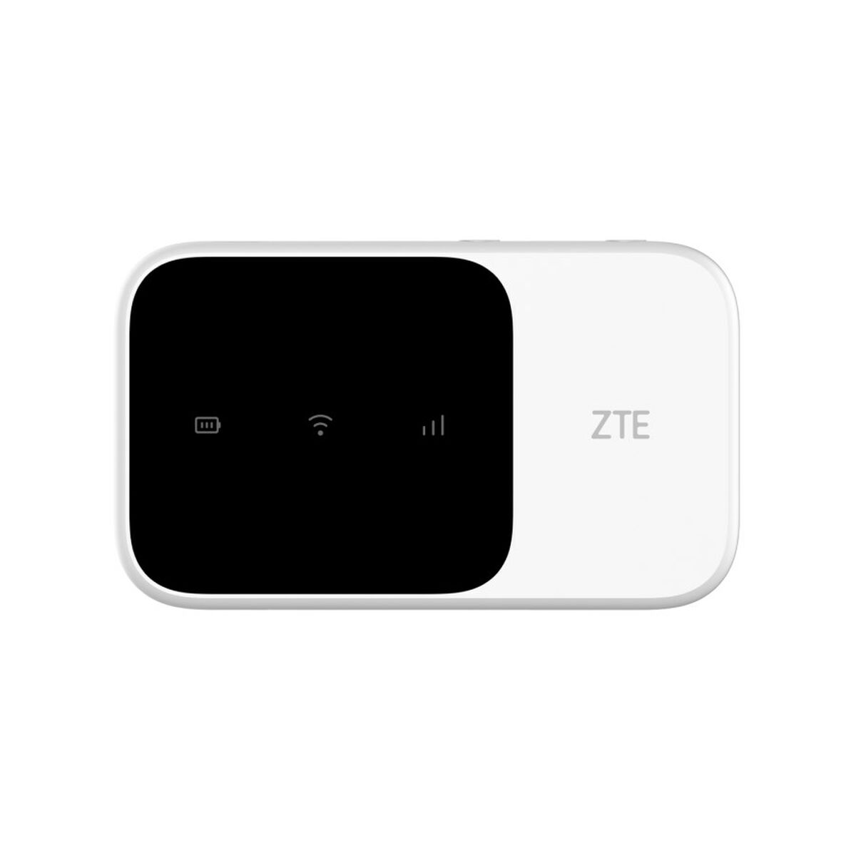 Biało-czarne urządzenie Wi-Fi ZTE. Posiada trzy ikony statusu i logo ZTE z boku.