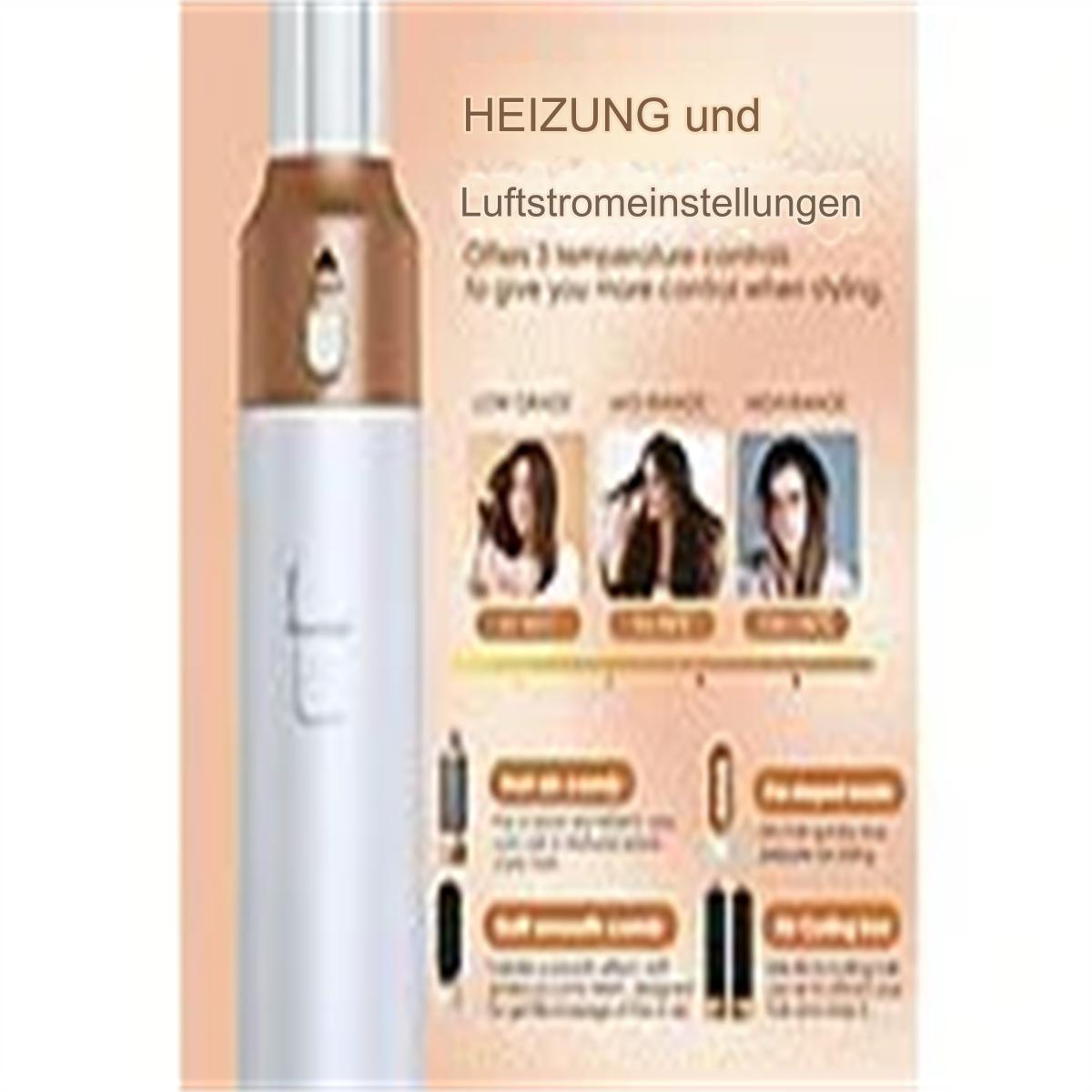 Ein weißes und goldenes Haarstyling-Tool mit Bildern von Frauen und Text über Heizeinstellungen.