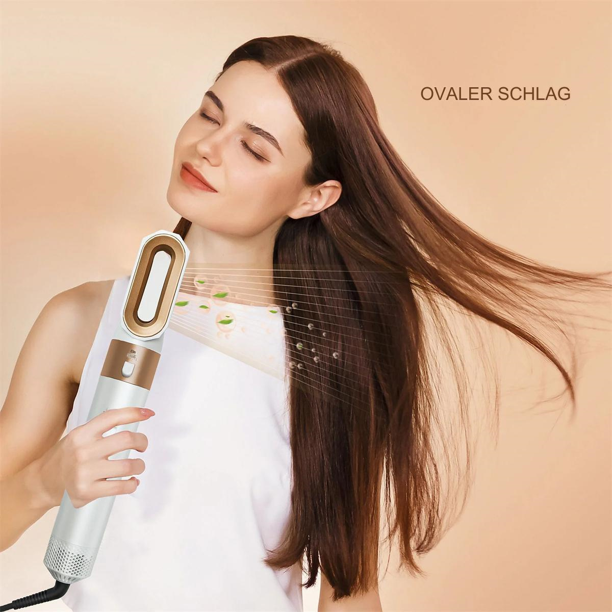 Eine Frau mit langen braunen Haaren, die einen Haartrockner benutzt, mit dem Text "OVALER SCHLAG".