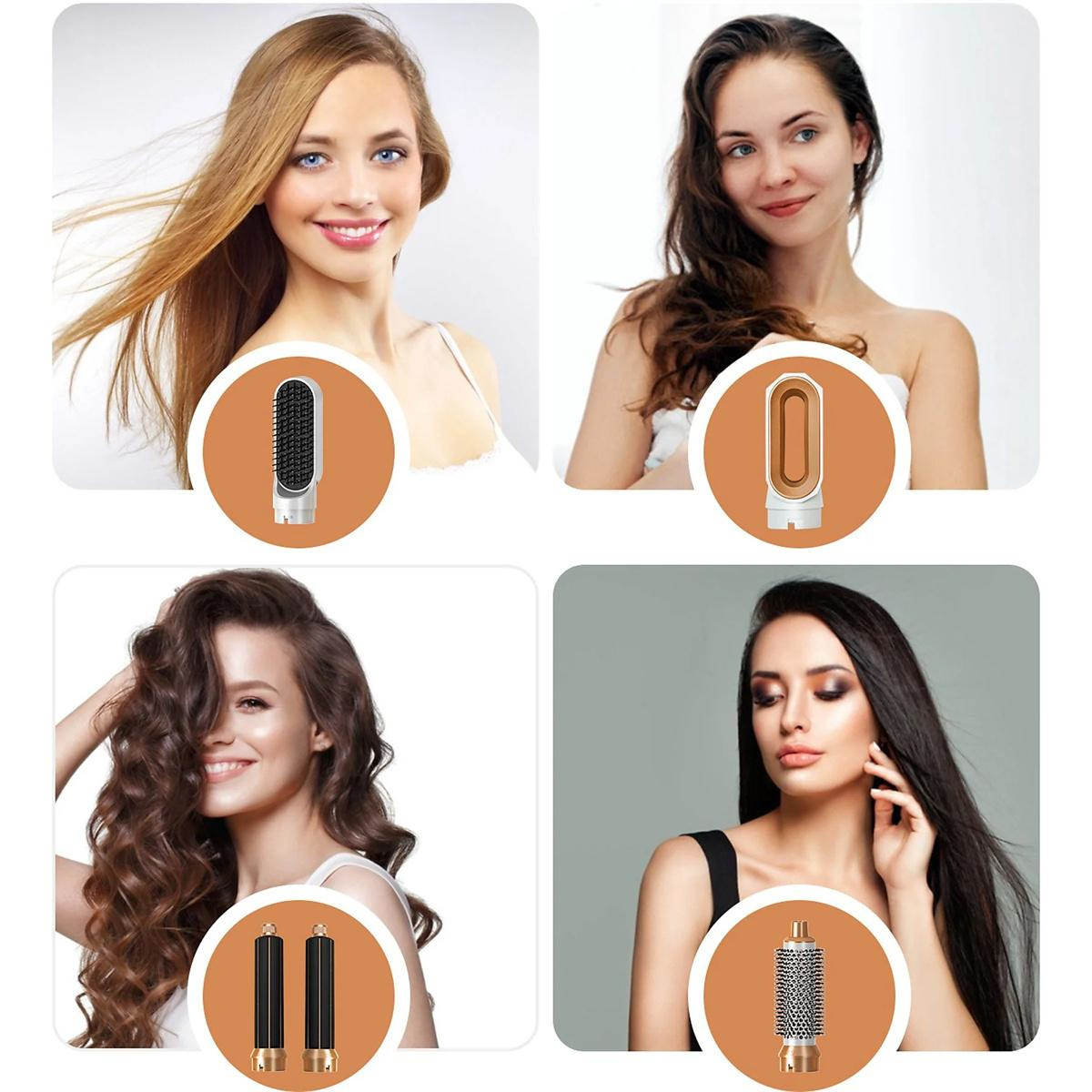 Vier Bilder, die Frauen mit unterschiedlichen Frisuren zeigen. Jede Frau hat ein Haarstyling-Werkzeug neben sich.