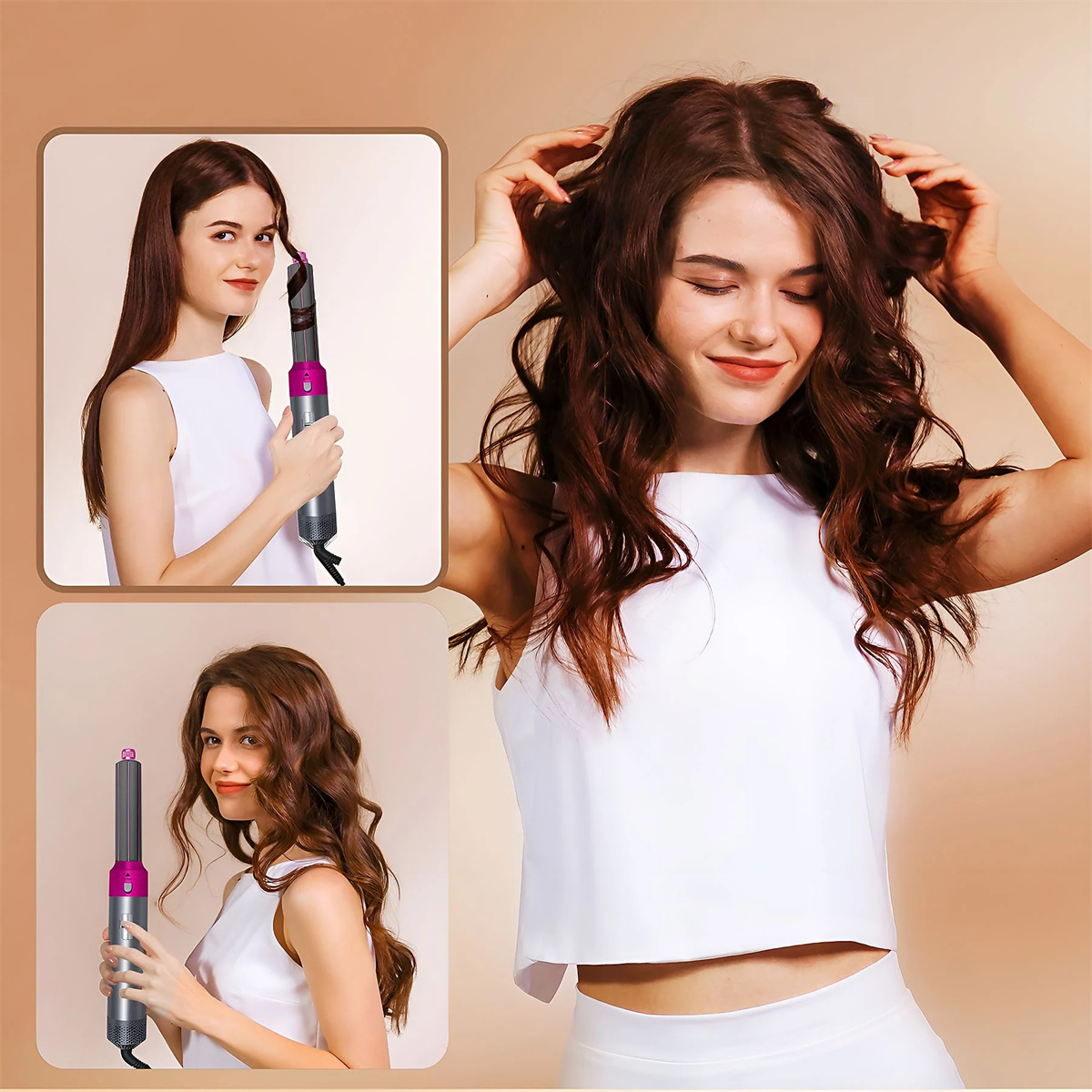 Frau benutzt ein Haarstyling-Werkzeug. Unterschiedliche Winkel zeigen das Werkzeug und gestyltes Haar.