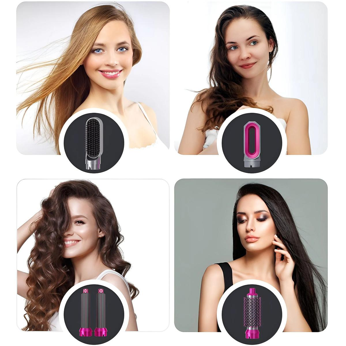 Vier Bilder, die Frauen mit verschiedenen Frisuren zeigen, die jeweils ein Haarstyling-Werkzeug verwenden.