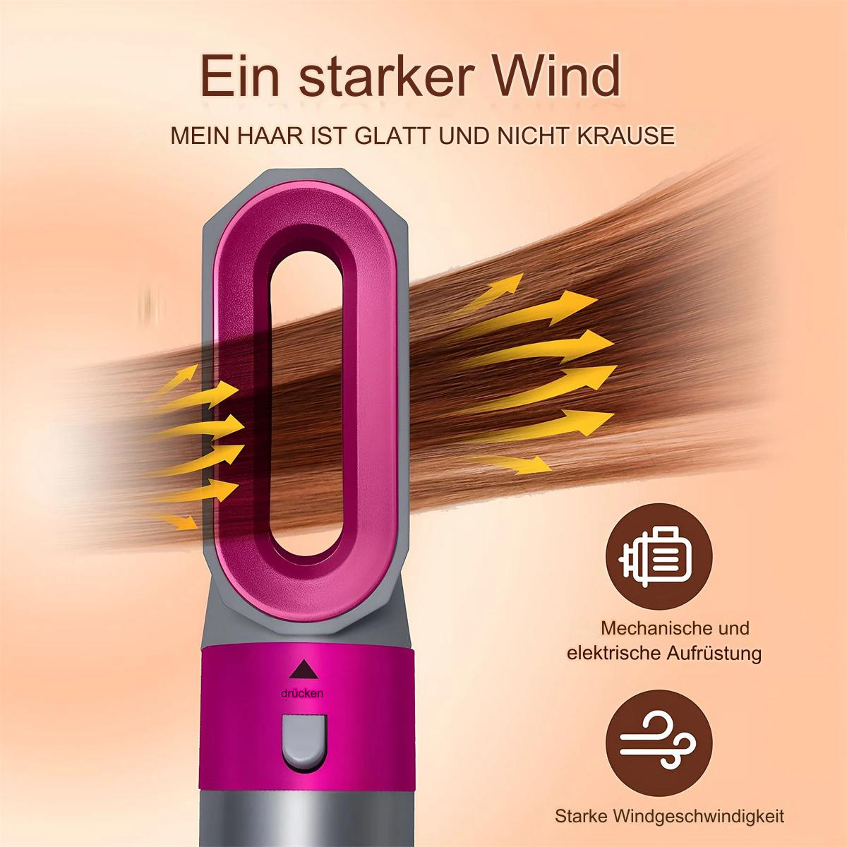 Ein rosa-grauer Föhn mit Text 'Ein starker Wind'. Pfeile zeigen die Windrichtung.