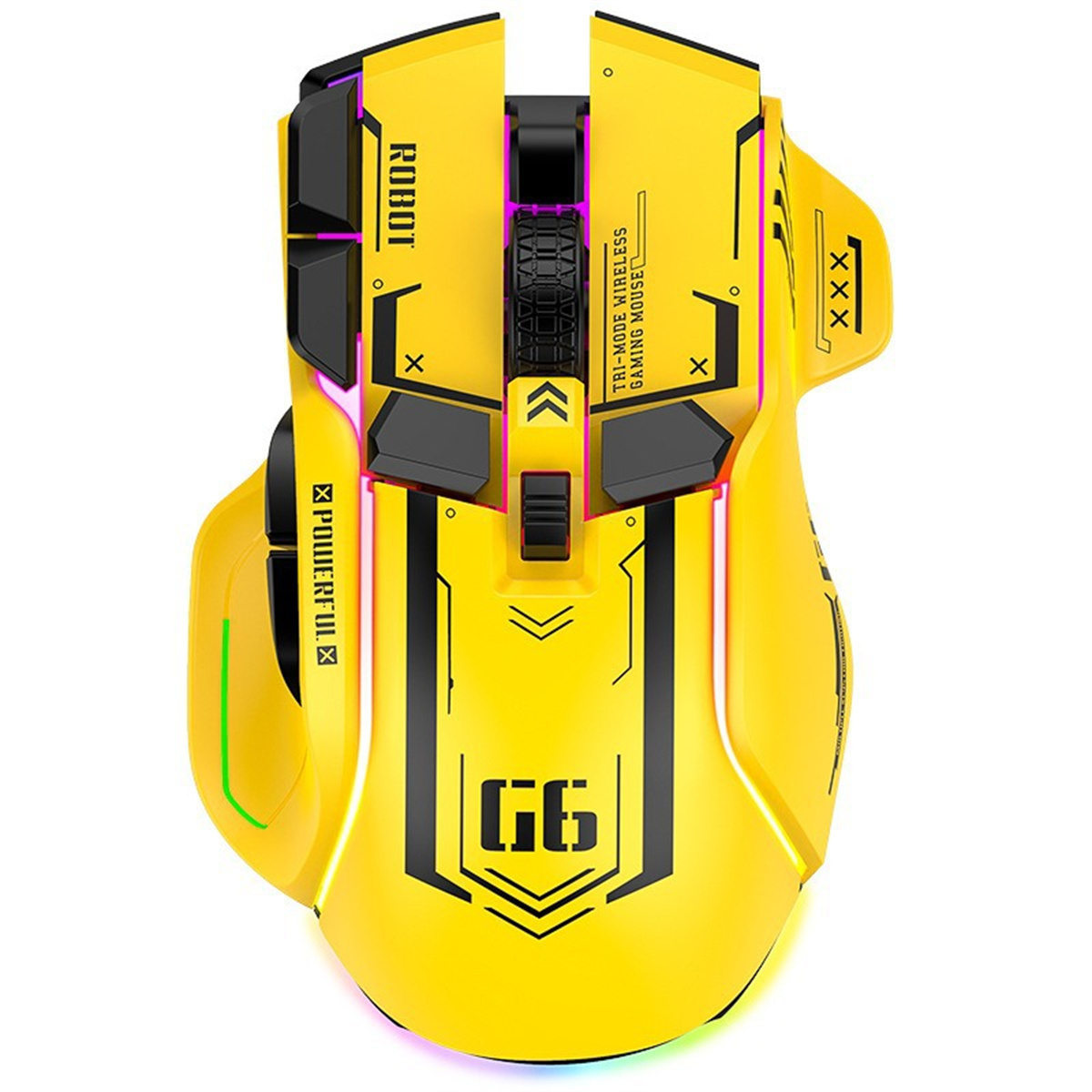 Gelbe Gaming-Maus, schwarze Akzente, verschiedene Tasten, beleuchtete Kanten, Draufsicht.