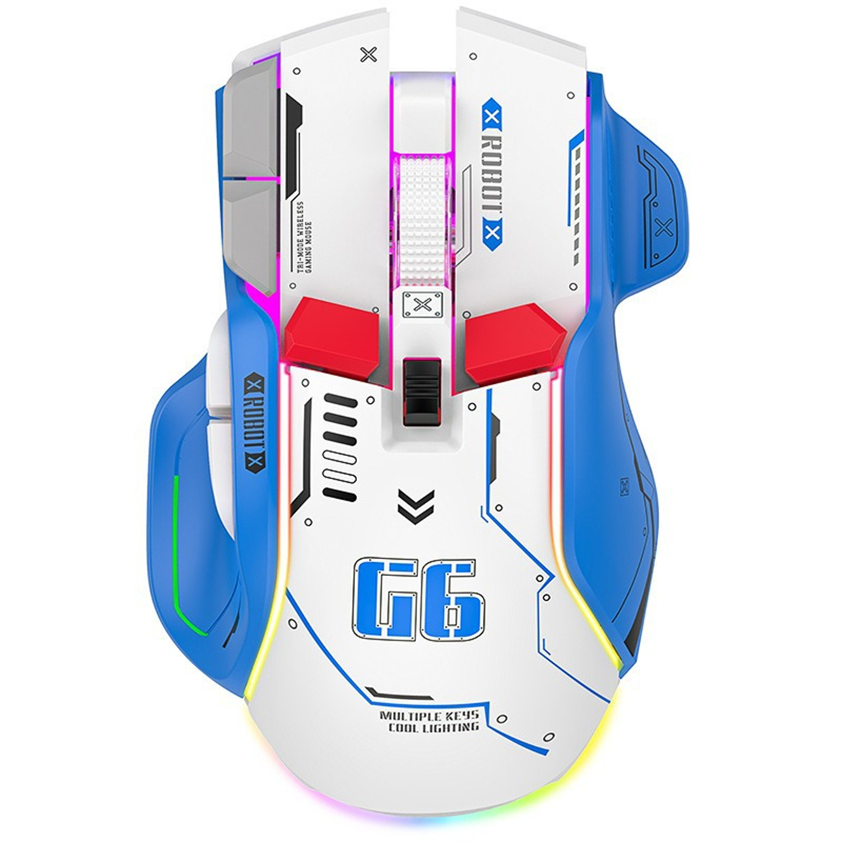 Eine Gaming-Maus mit futuristischem Design in Weiß, Blau und Rot. Sie hat mehrere Tasten und coole Beleuchtung.
