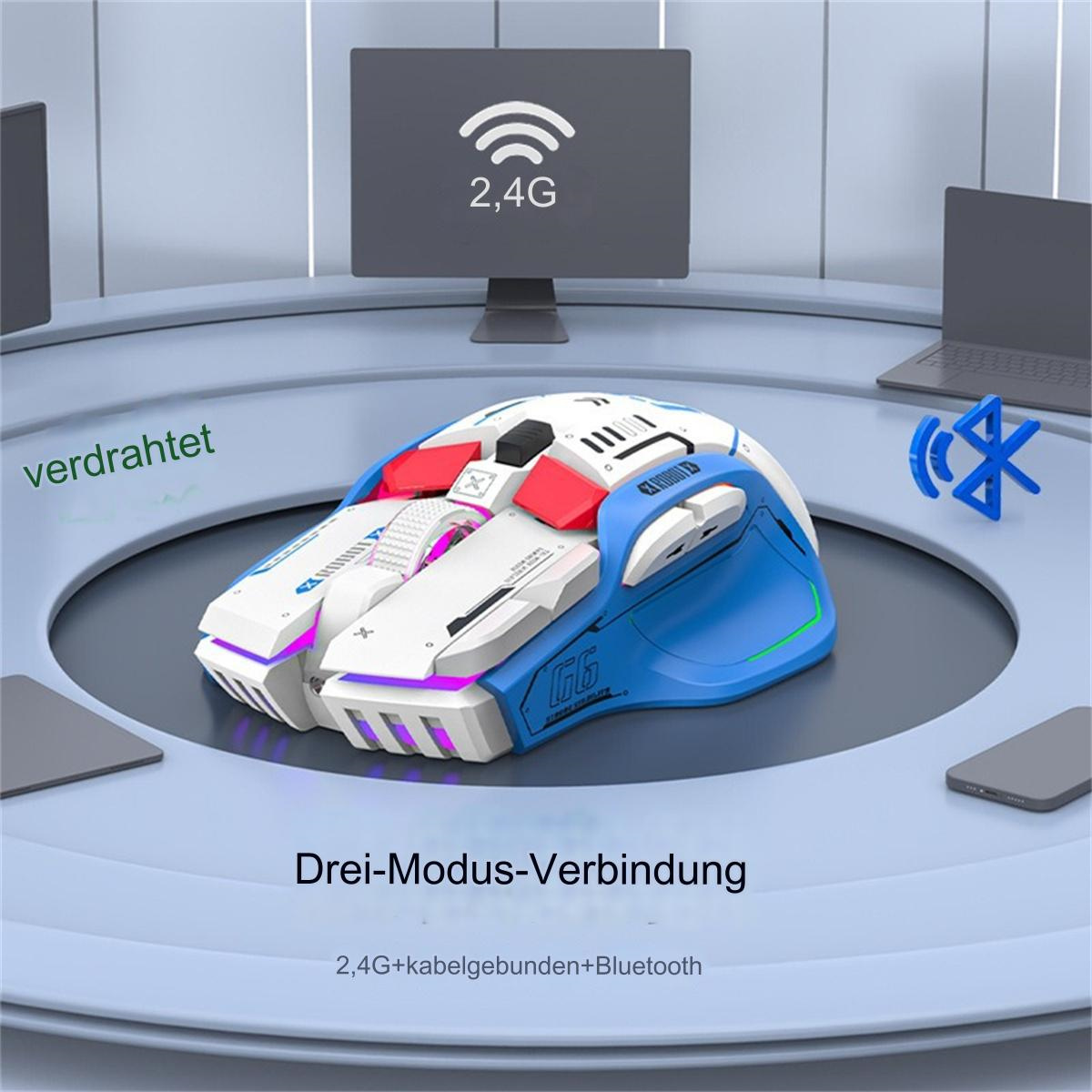 Eine blaue und weiße Gaming-Maus. Sie hat weiße und rote Knöpfe und Lichter.