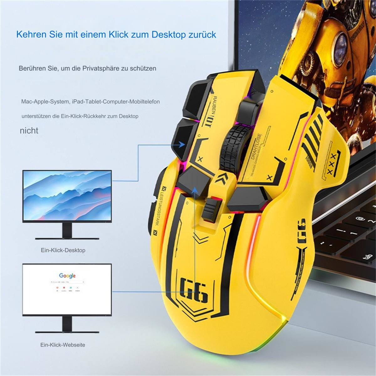 Eine gelbe Gaming-Maus mit einem Computerbildschirm und einer Google-Suche.