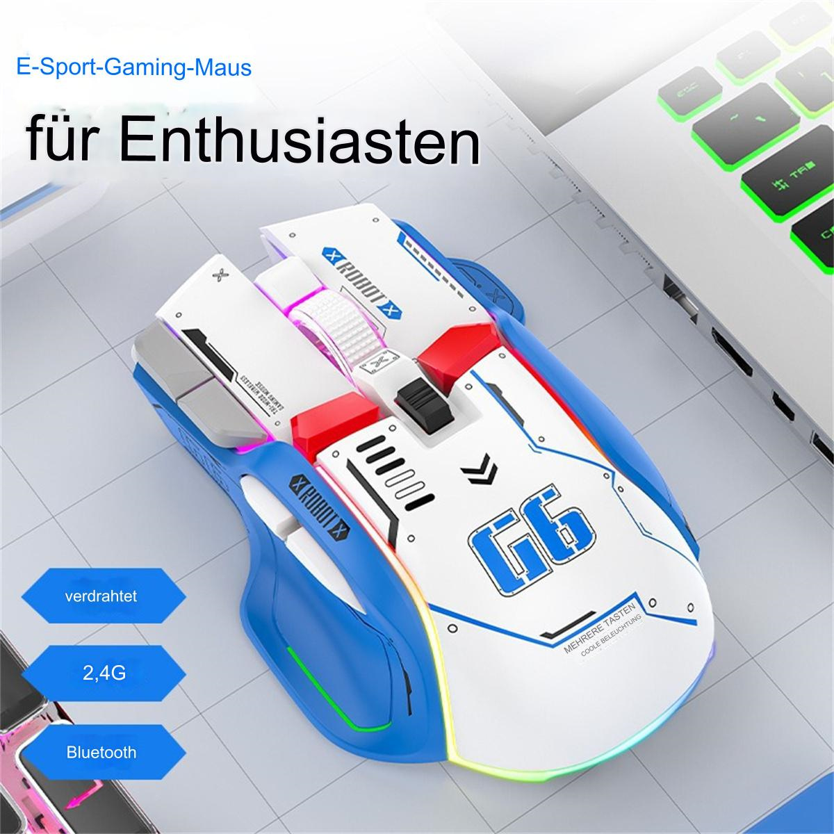 Gaming-Maus in Blau und Weiß mit RGB-Beleuchtung. An einen Laptop angeschlossen. Text in Blau, 2,4G und Bluetooth.