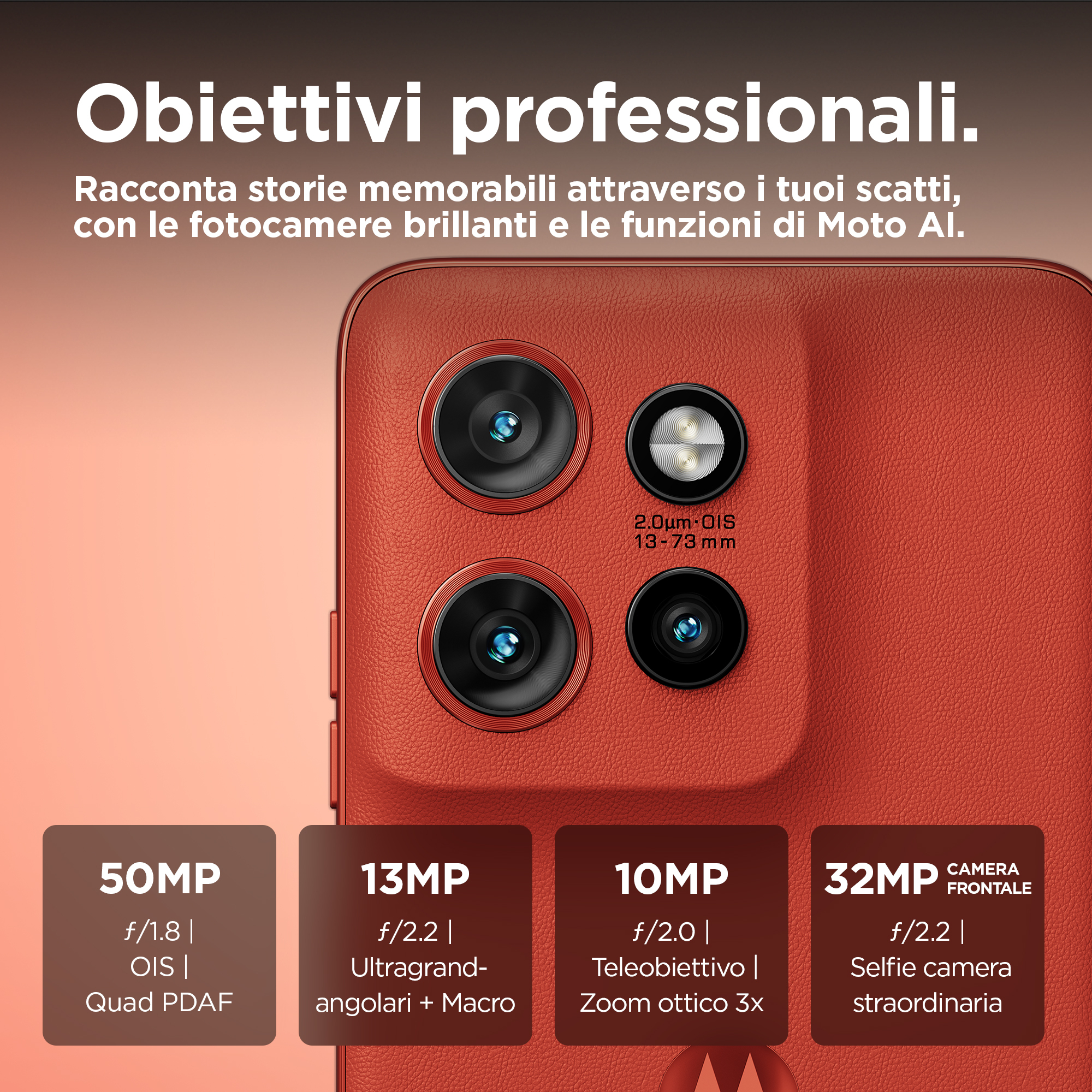 Zbliżenie na czerwony telefon z aparatami i specyfikacjami.