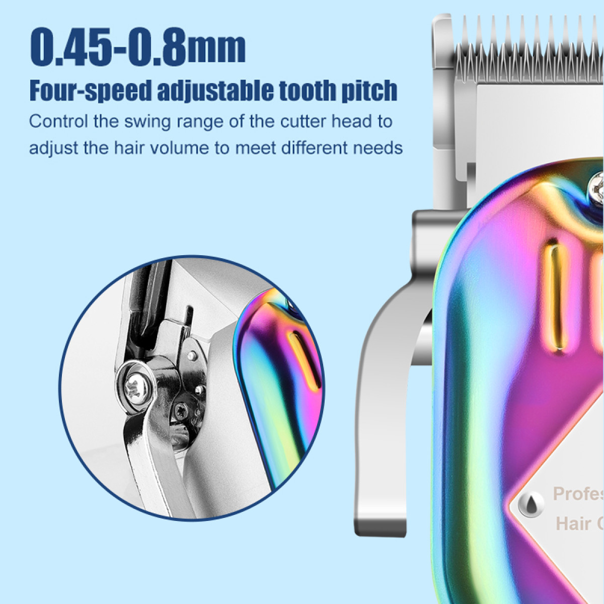 Zbliżenie maszynki do włosów z nakładką tekstową o regulowanym skoku zębów.