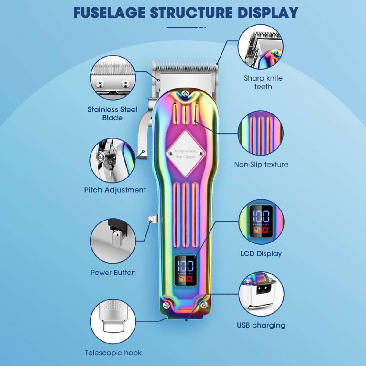 Schemat maszynki do strzyżenia z oznaczonymi elementami.