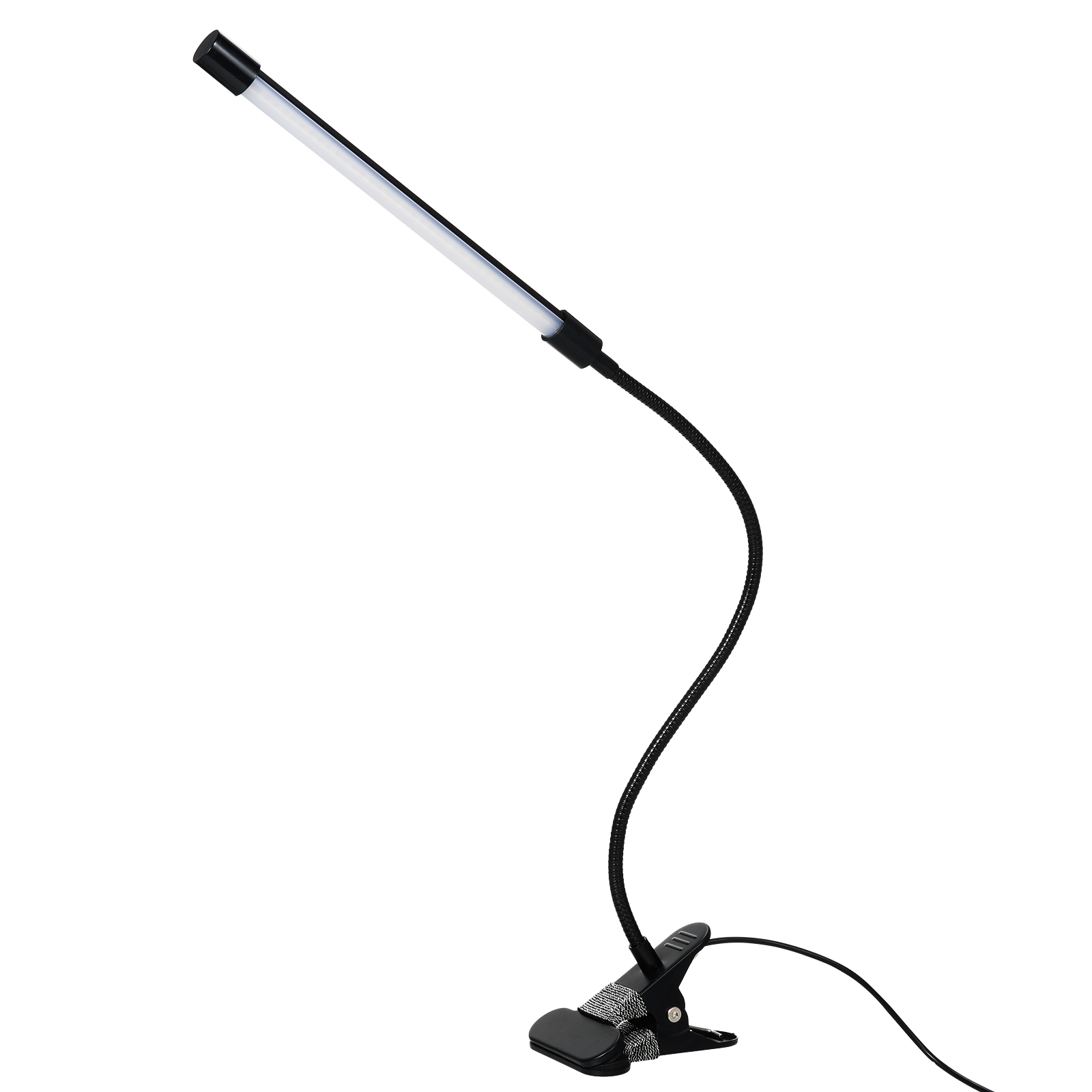 Schwarz-weiße LED-Schreibtischlampe mit flexiblem Arm und Clip, weißer Hintergrund.