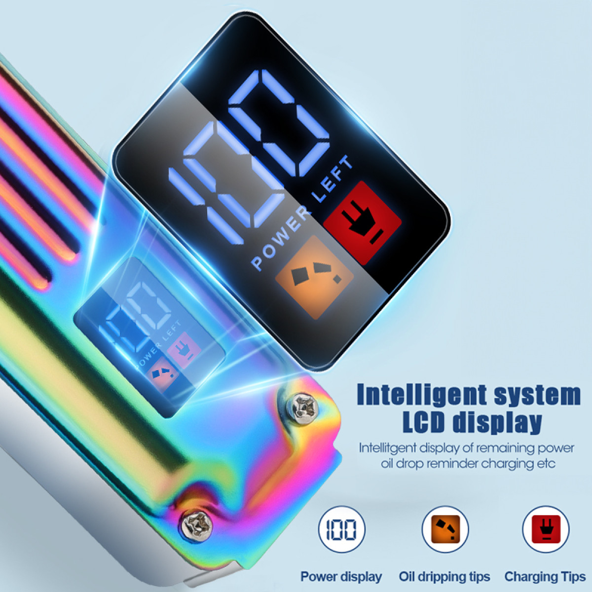 Tęczowe urządzenie z cyfrowym wyświetlaczem pokazującym 100% mocy. Ikony zasilania, oleju i wskazówek dotyczących ładowania.
