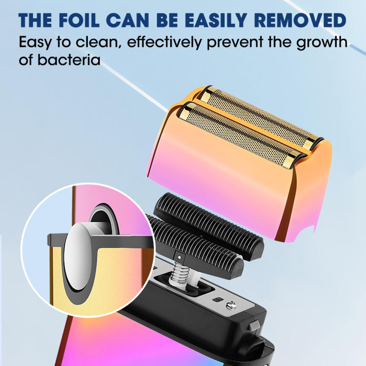 Zbliżenie golarki z jej ostrzami i akcesoriami. Tekst mówi 'Folię można łatwo usunąć'.