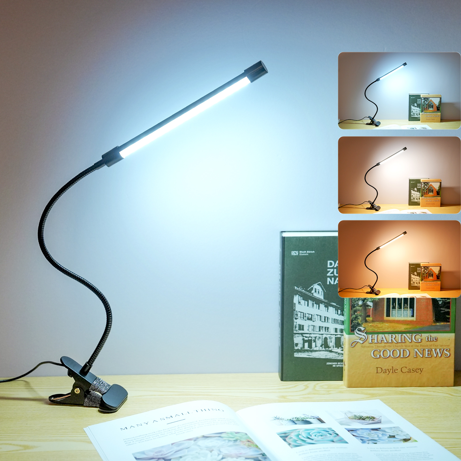 Eine schwarze Schreibtischlampe mit Schwanenhals und hellem LED-Licht, das einen Schreibtisch beleuchtet.