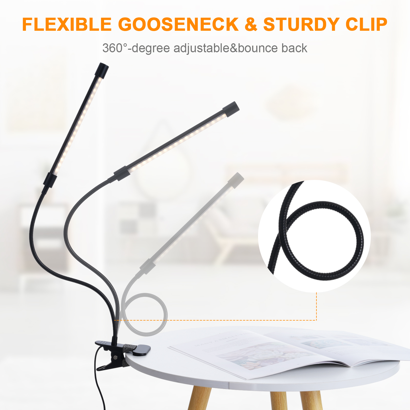 Flexible Schreibtischlampe mit Schwanenhals und Clip, schwarz, mit zwei verstellbaren.