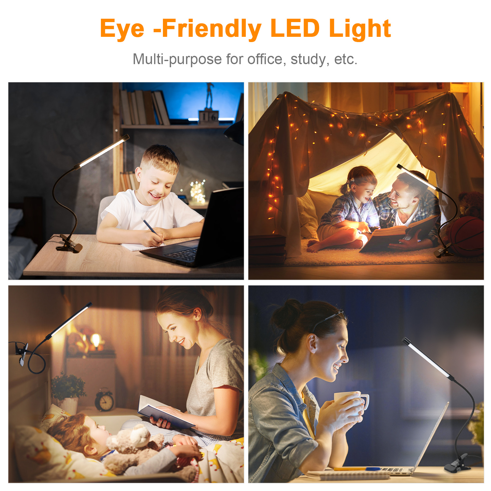 Vier Bilder. Menschen benutzen LED-Leuchten zum Lesen, Lernen und andere Aktivitäten. Die Lichter sind an.