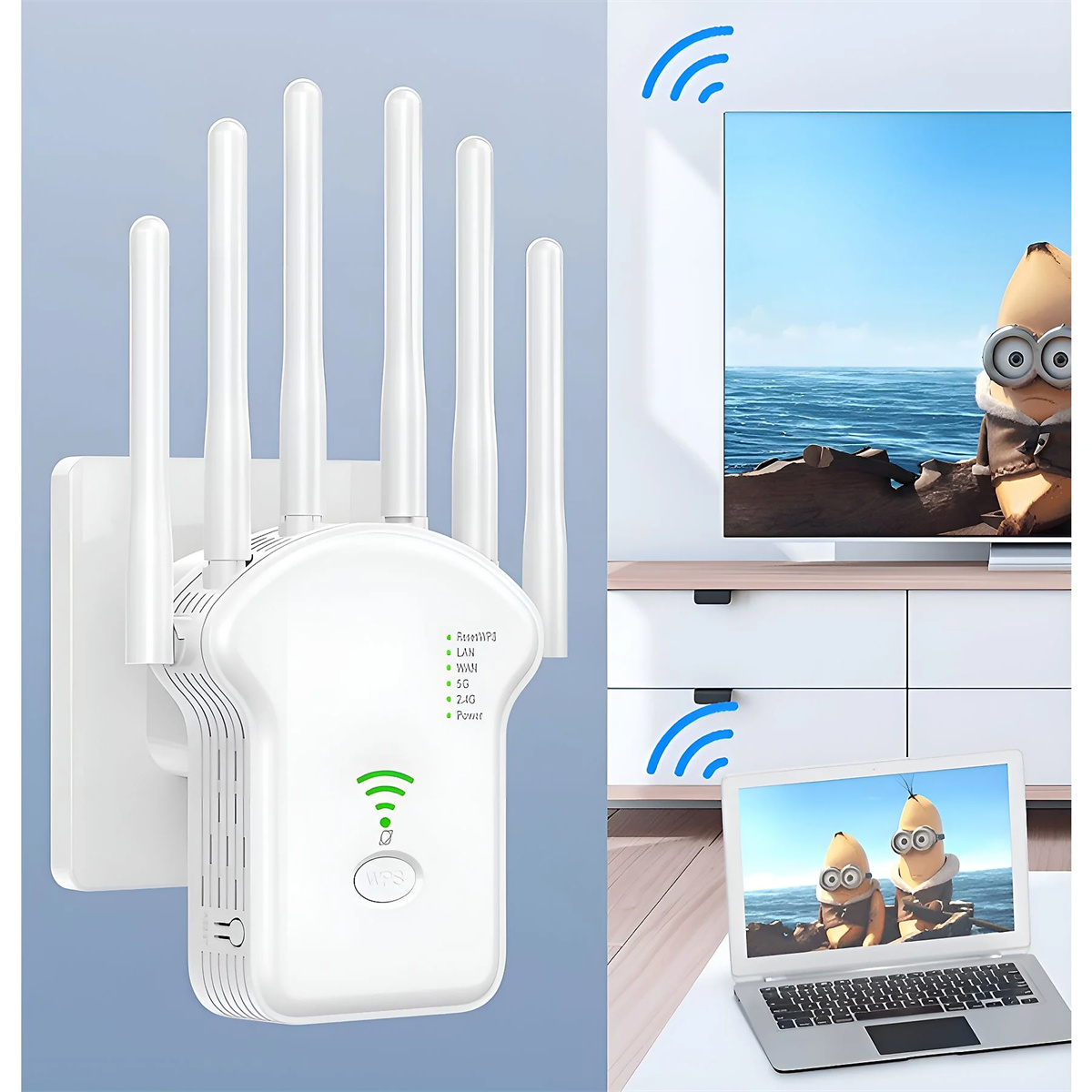 Ein WLAN-Extender mit Antennen und ein Fernseher, der einen Cartoon zeigt, mit einem Laptop.