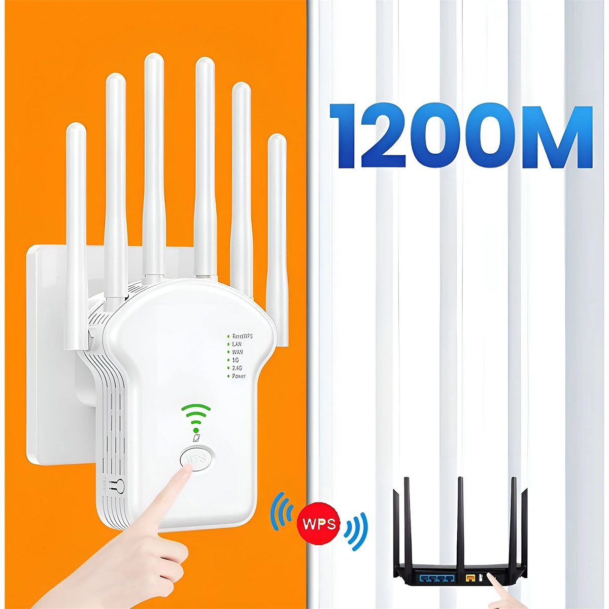 Ein weißer WLAN-Repeater mit Antennen neben einem schwarzen Router. Eine Person berührt den Repeater.