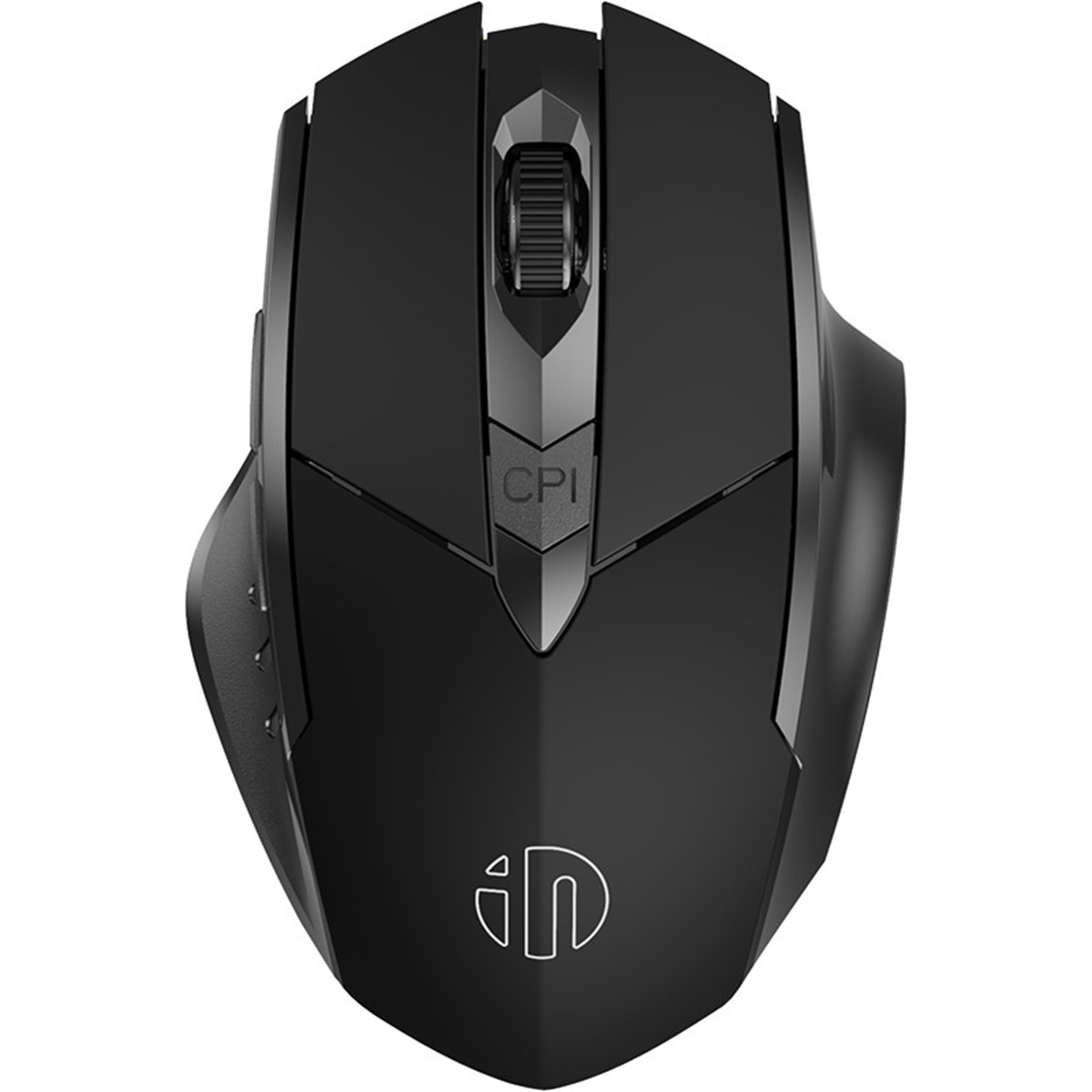 Eine schwarze Computermaus mit Tasten, einem Scrollrad und der CPI-Anzeige.