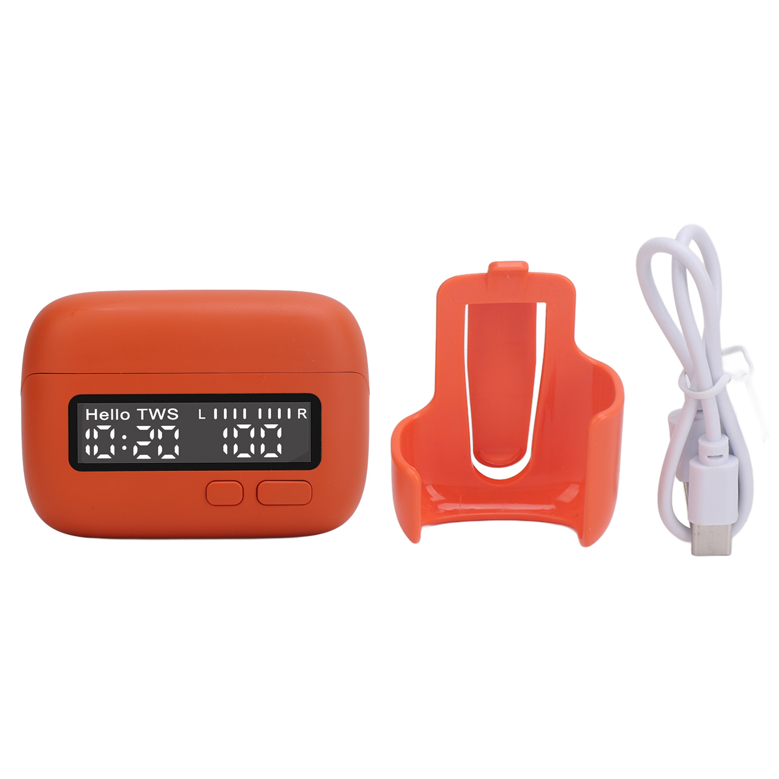 Orangenes Ladecase mit Bildschirm und Ladekabel daneben.