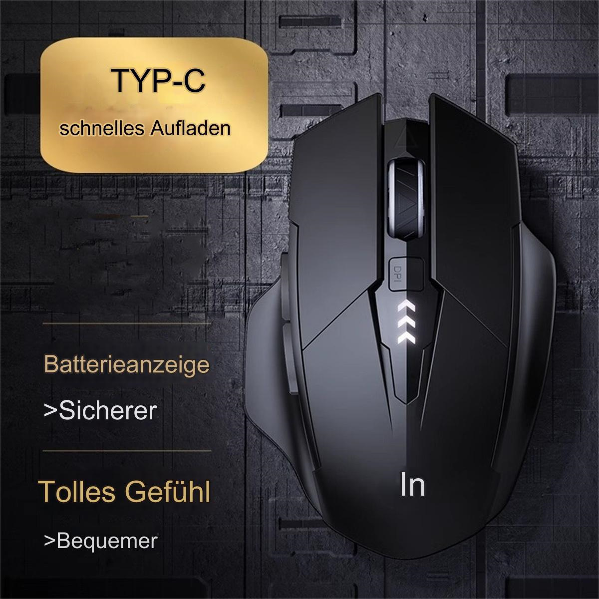 Eine schwarze Gaming-Maus mit beschrifteten Funktionen, goldenem Akzent und Typ-C-Ladeanschluss.