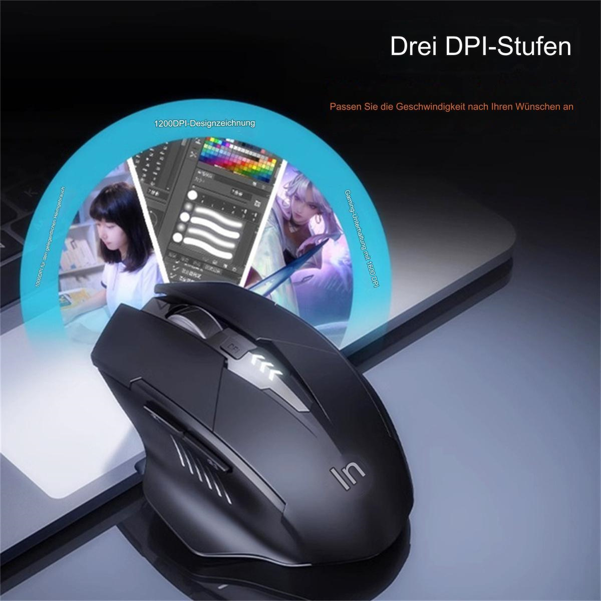 Schwarze kabellose Maus mit modernem Design. Ein Bildschirm zeigt Designsoftware mit Personen.