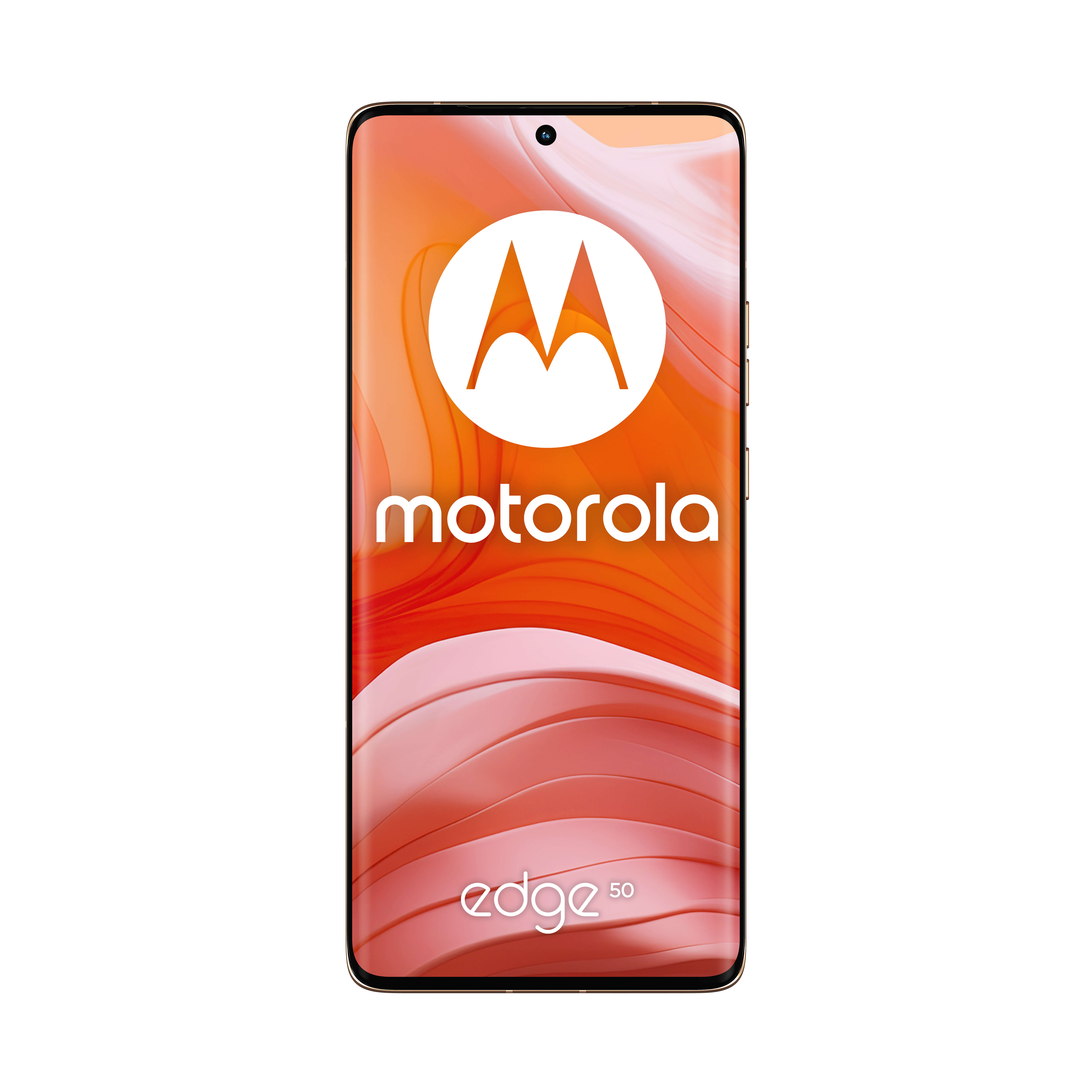 Smartfon Motorola Edge 50 na białym tle. Ekran wyświetla logo z pomarańczowymi i czerwonymi falami.